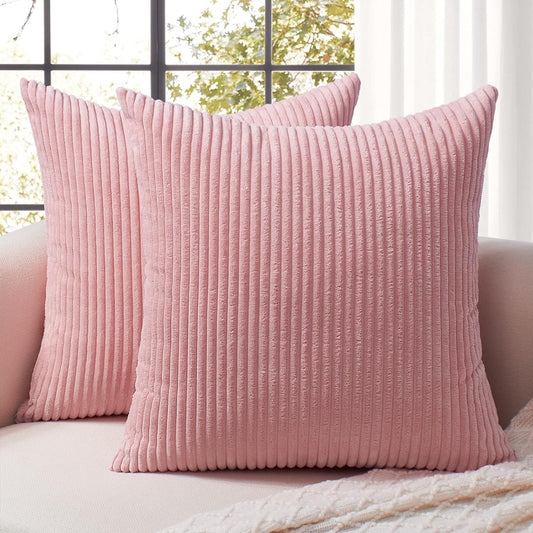 Softalker Decorative Throw Pillow Covers 18x18, Set of 2 Soft Corduroy Striped Boho Solid Pillow Cover, Modern Farmhouse Home Decor House Warming Gifts for Couch Sofa Bed Living Room, Light Pink