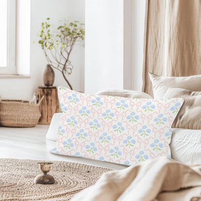 Coquette Pink Bow Hydrangea Floral Pillow Covers 12x20, Coquette Room Decor, Preppy Ribbon Bow Blue Hydrangea Flower Decorative Lumbar Pillow Covers for Girls Bedroom Dorm Home