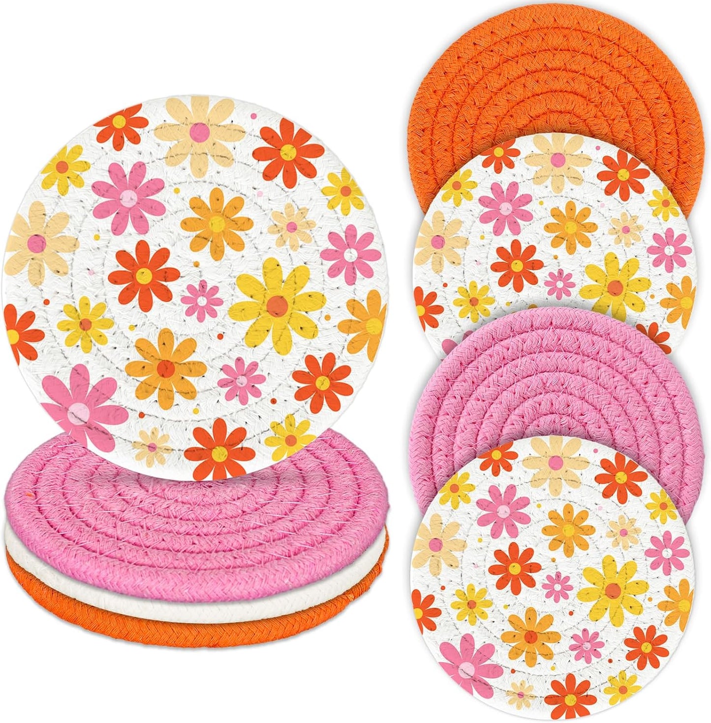 FYSUIMU Boho Floral Cotton Coasters Daisy Flower Handmade Braided Drink Coasters Pink Orange Absorbent Cup Mats for Spring Party Home Office Table Decor Housewarming Gifts, Set of 4