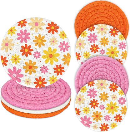 FYSUIMU Boho Floral Cotton Coasters Daisy Flower Handmade Braided Drink Coasters Pink Orange Absorbent Cup Mats for Spring Party Home Office Table Decor Housewarming Gifts, Set of 4