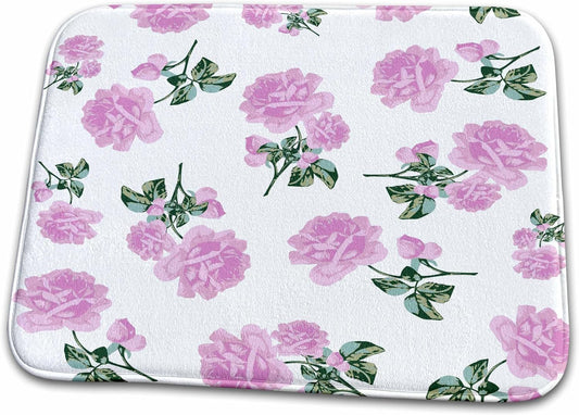 Dish Drying Mat - Shabby Chic Light Pink Roses Vintage Floral Pattern on White Flower Patterns