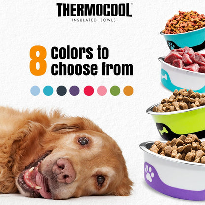 Thermocool Insulated Stainless Steel Pet Bowl - 32 Oz (Large) Non-Slip Feeding Dish Reduces Sliding & Spills, Keeps Water Cold & Food Warm, Dishwasher Safe (Pink)