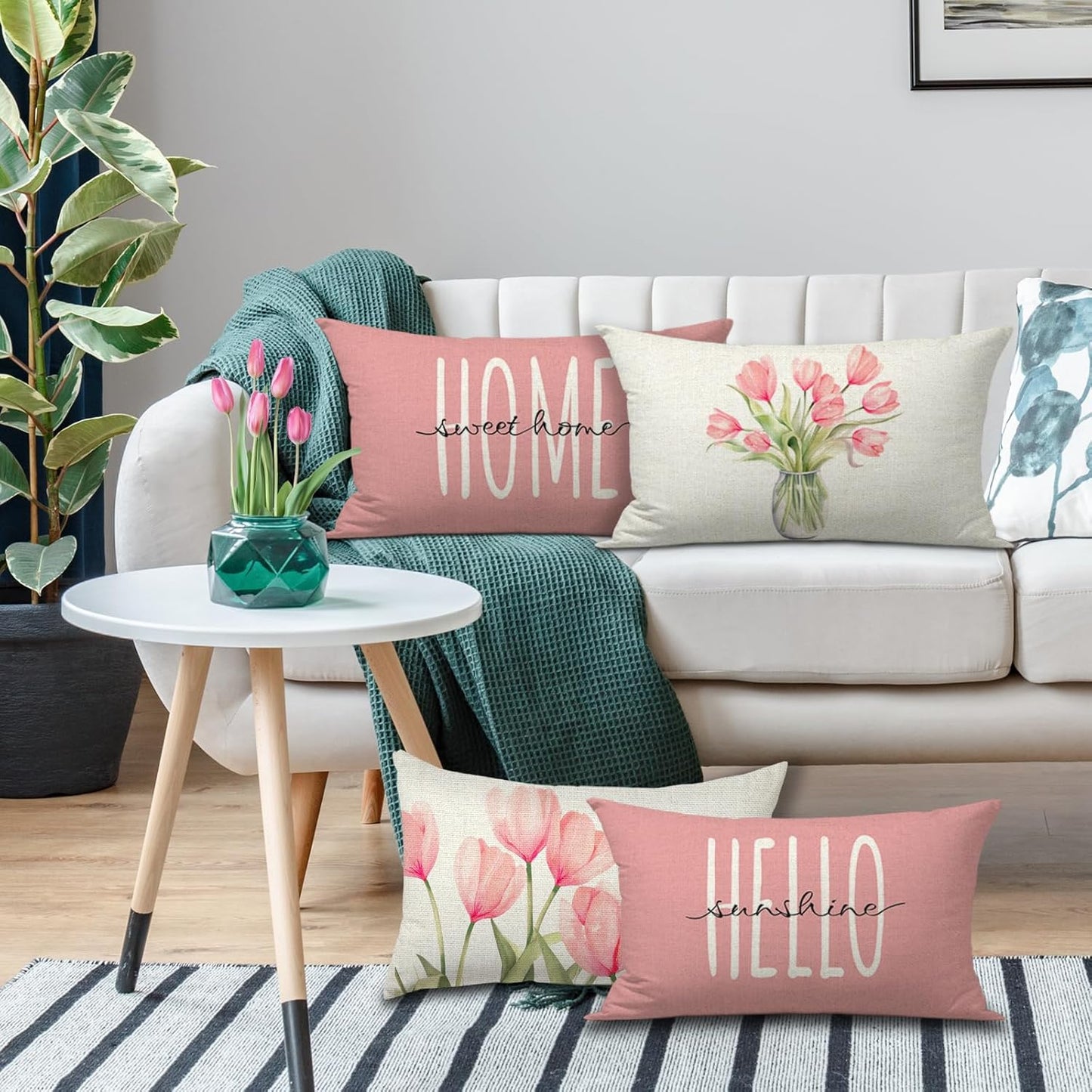 Pillow Covers 18x18 Set of 4 Tulip Home Sweet Home Pink Throw Pillows Decorative Pillow Cases Hello Summer Spring Seasonal Farmhouse Decorations for Sofa Couch