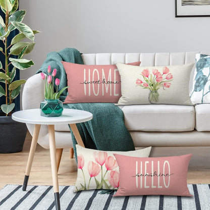 Pillow Covers 18x18 Set of 4 Tulip Home Sweet Home Pink Throw Pillows Decorative Pillow Cases Hello Summer Spring Seasonal Farmhouse Decorations for Sofa Couch