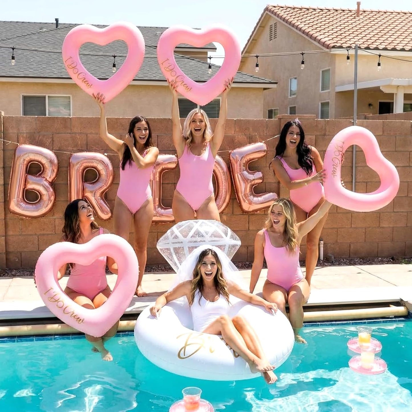Thenshop 6 Pcs Bachelorette Pool Floats - 1 Diamond Ring & 5 Pink Heart Loungers - Inflatable Party Decorations for Bridal Shower, Engagement, Weddings - Photo Props for Bride & Bridesmaids