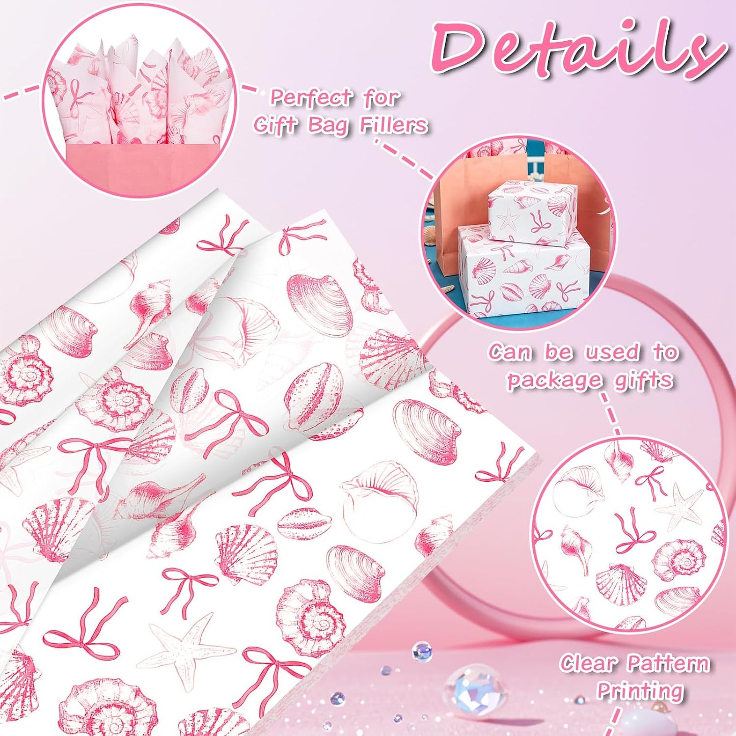 60 Sheets Pink Shell Themed Tissue Paper, 20 x 14 Inches, Premium Decorative Tissue Paper for Gift Wrapping, DIY Crafts, Beach Theme Party, Birthday, Baby Shower & Holiday Decor