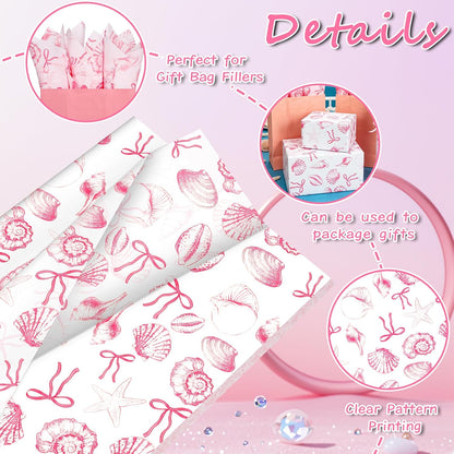 60 Sheets Pink Shell Themed Tissue Paper, 20 x 14 Inches, Premium Decorative Tissue Paper for Gift Wrapping, DIY Crafts, Beach Theme Party, Birthday, Baby Shower & Holiday Decor