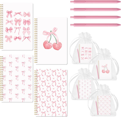 CNhoqc Pink Bow Journal Notebook - 4-Sets A5 Watercolor Coquette College Ruled Paper Lined Page Spiral Bound Notebook Ballpoint Pen Organza Bag Note Taking Work High School Supplies Graduation Gift