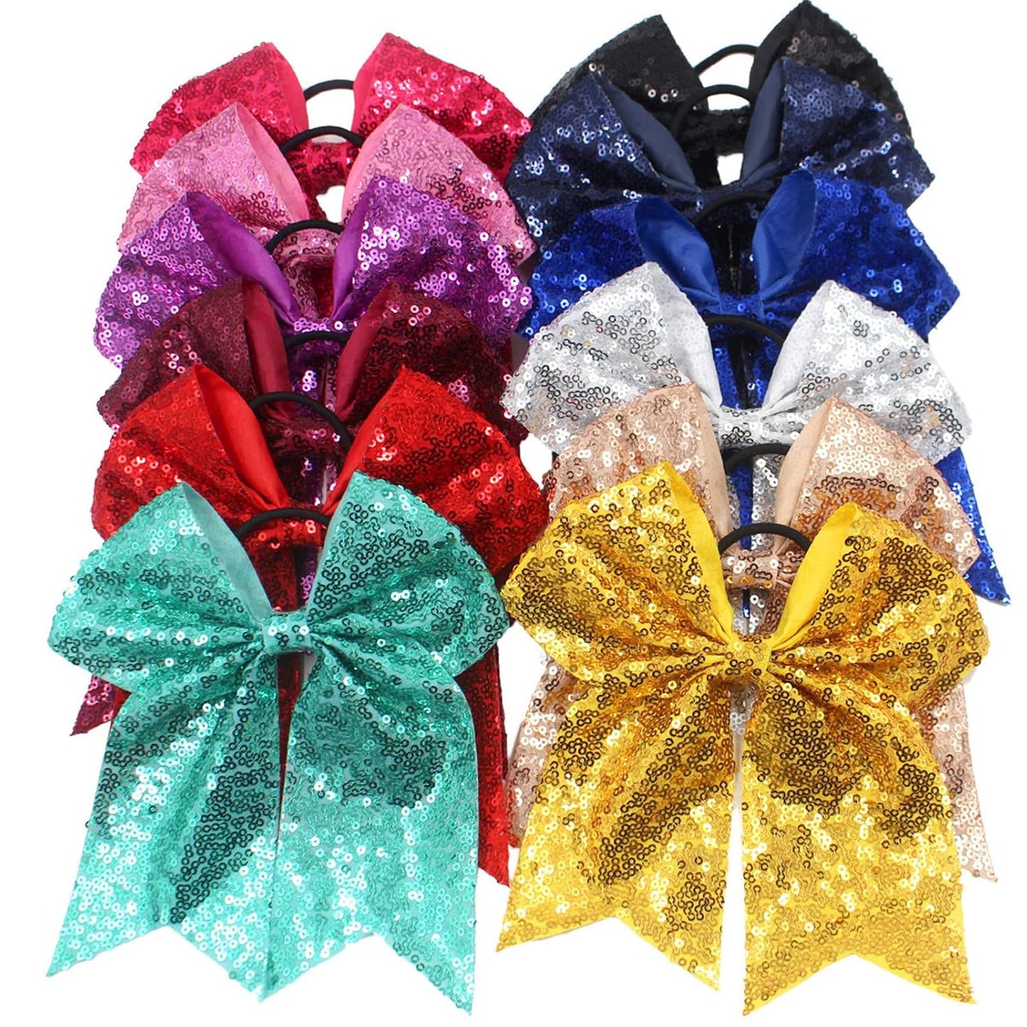 6.5 Inches Sequins Hair Bows Elastic Hair Tie Ribbon Large Cheer Bow Ponytail Holder Hair Band for Women Girls Kids Teens (Pink)