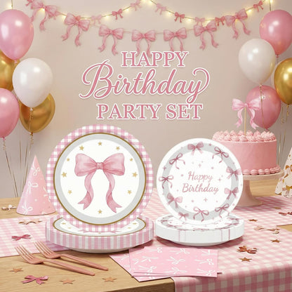 ArtSocket 96 Pcs Pink Bow Party Decorations Tableware Set, Coquette Disposable Dessert Plates Napkins Forks for Table Decorations Favors for Kids Girls Baby Shower Birthday Party Serve 24 Guests