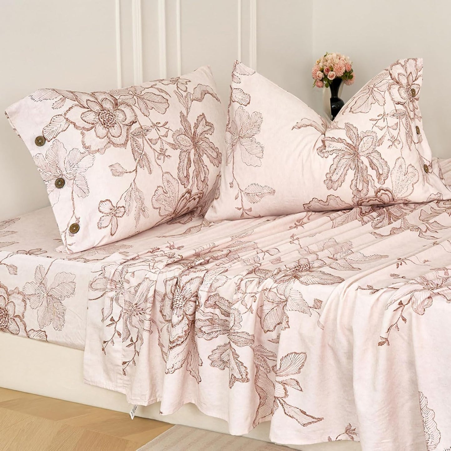 Zusbest King Size Sheets Pink Floral Sheet Set 400TC 100% Cotton Flannel-Like Warm Luxury Bed Sheet Set 4Pcs, Button Closure Double Brushed Extra Soft Breathable Toile Printed Deep Pocket 17‘’