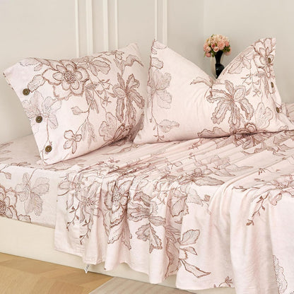 Zusbest King Size Sheets Pink Floral Sheet Set 400TC 100% Cotton Flannel-Like Warm Luxury Bed Sheet Set 4Pcs, Button Closure Double Brushed Extra Soft Breathable Toile Printed Deep Pocket 17‘’