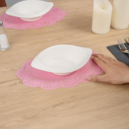 Restaurantware-Pastry Tek 12.5 x 8.5 Inch Paper Lace Doilies, 100 Oval Disposable Table Doilies - Elegant Lace Finish, Long Lasting, Pink Paper Lace Doilies, for Pastries, Cupcakes, Desserts
