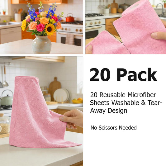 Microfiber Cleaning Cloth Roll 20 Sheets 11" x 10" Tear Away Microfiber Towel Roll Reusable Paper Towels Washable Ultra Absorbent Lint-Free Cleaning Cloths for Kitchen, Car and Home Use, Pink