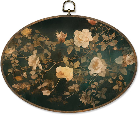 Sviojuce Vintage Dark Green Floral Oval Wall Art Decor 8.7x11.3, Peach Flowers Botanical Framed Canvas Prints Wall Artwork, Moody Wall Hanging Decor for Farmhouse Bedroom Living Room Decorations