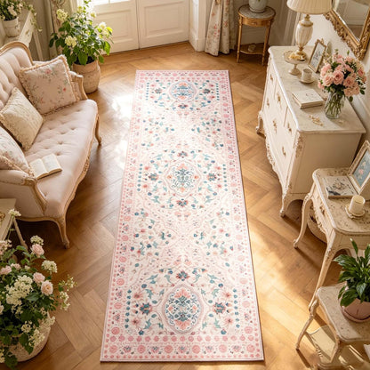 LIVEBOX Washable Runner Rug 2x6, Pink Floral Bedroom Runner with Non Slip Backing, Boho Soft Accent Rug for Hallway, Closet, Small Apartment