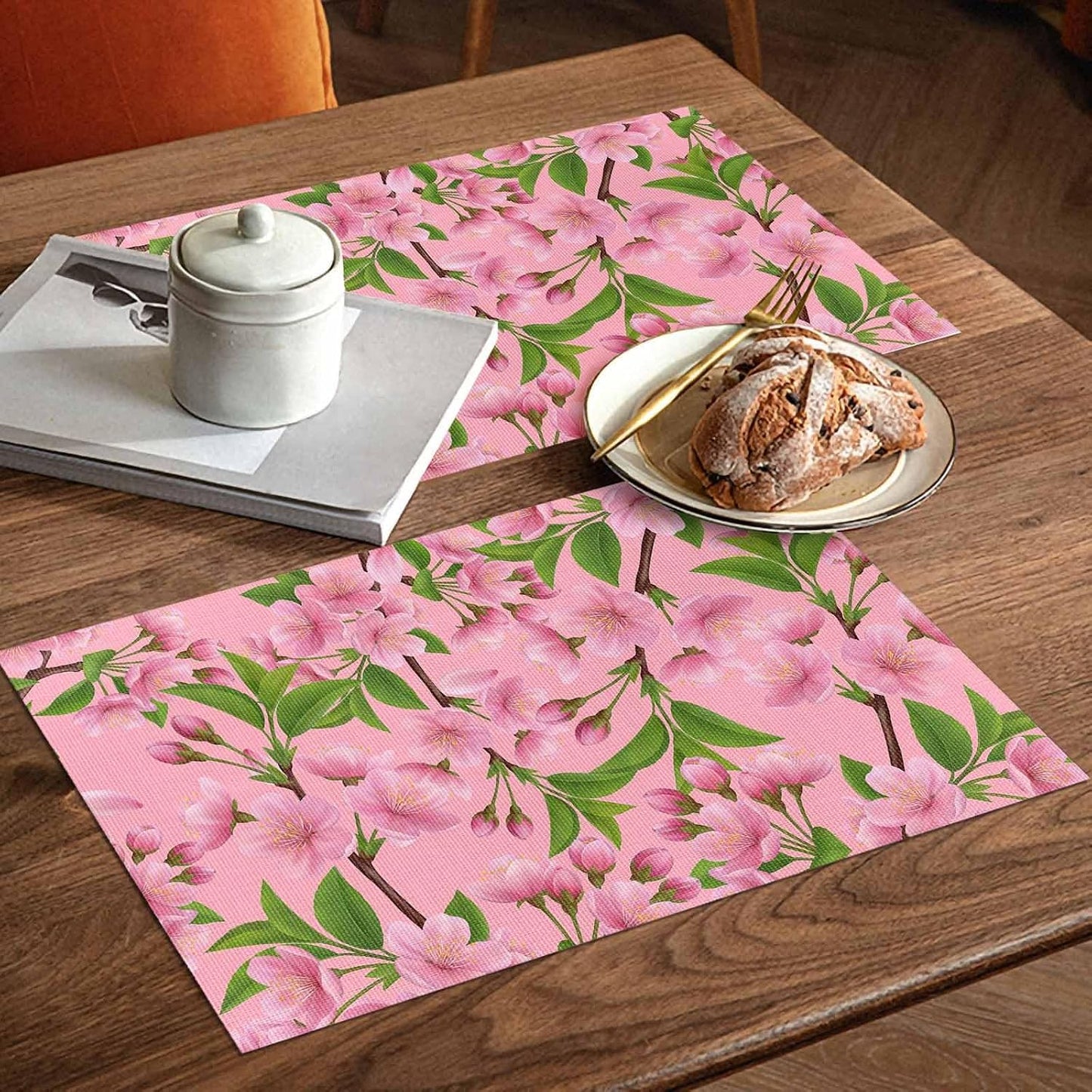 Pink Peach Flowers Placemats Set of 6, Washable PVC Kitchen Table Mats Place Mats, Spring Botanical Watercolor Floral Leaf Woven Vinyl Placemat for Dining Table, 13" x 19"