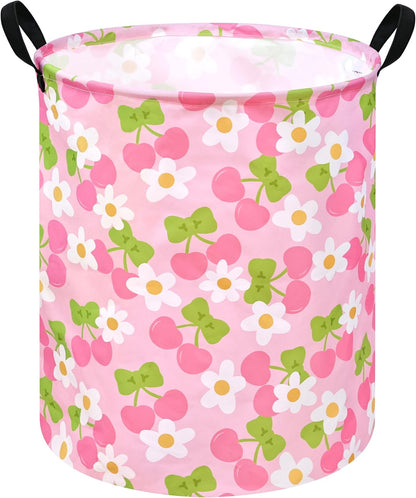 Kids Laundry Hamper Clothes Gift Basket Storage Laundry Baskets Organizer Bin with Handles for Nursery Room (Pink Cherry)