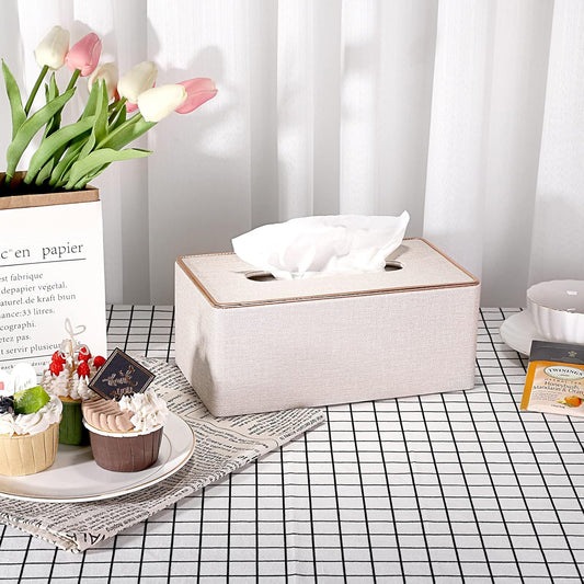Sumnacon Rectangular Linen Tissue Box Cover - Stylish Tissue Box Holder with Magnetic Bottom, Decorative Tissue Box for Bathroom Toilet Vanity Night Stand Table Countertop Office, Beige Linen Texture