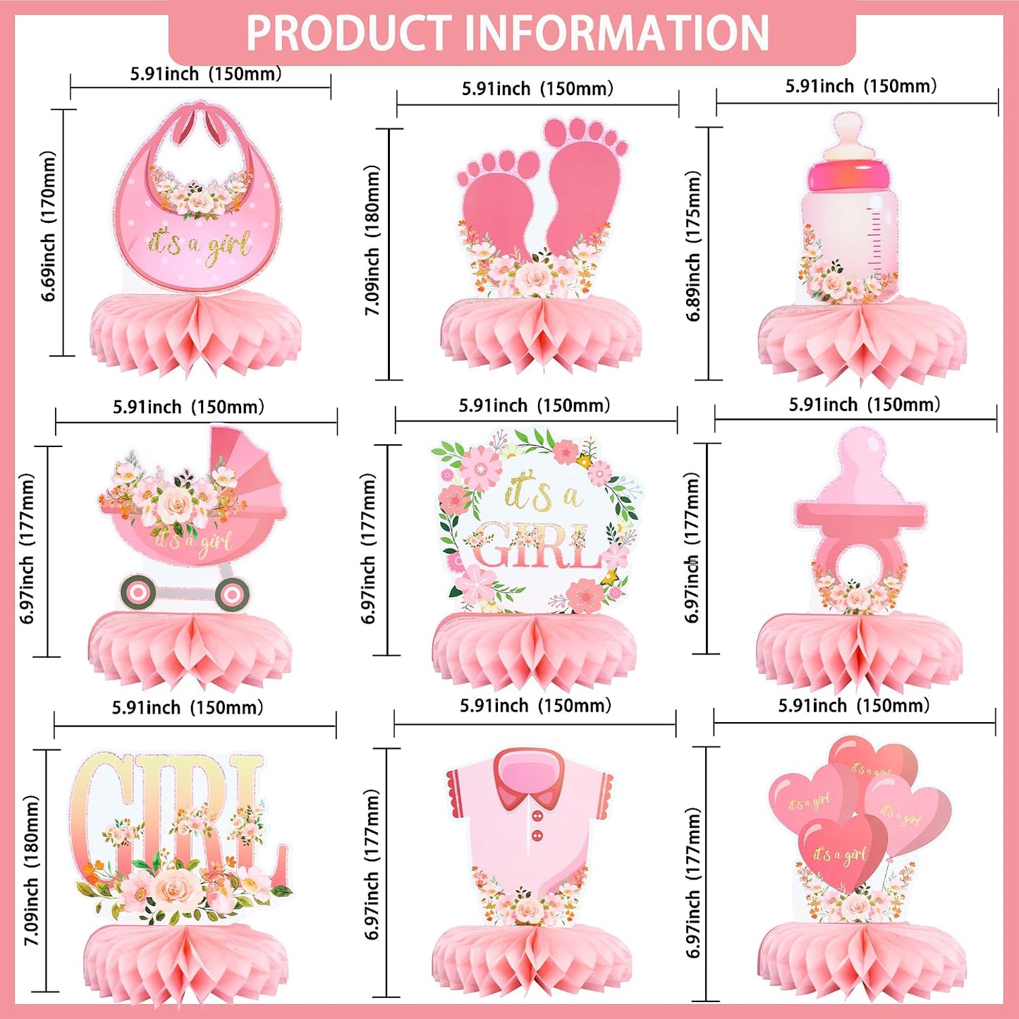 Gyufise 9Pcs Pink Baby Shower Decorations Honeycomb Centerpieces for Girls Floral It's a Girl Gender Reveal Table Centerpiece Party Supplies Baby Girl Pregnancy Announcement Table Topper