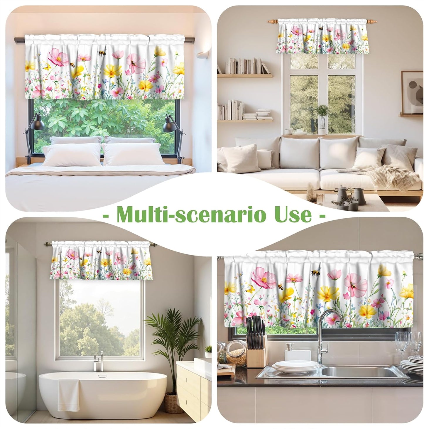 Spring Floral Window Valance for Kitchen 54"x18" Pink Yellow Wildflowers Flowers Bees Short Curtains Farmhouse Decorative Rod Pocket Window Valance for Living Room, Bedroom, Bathroom