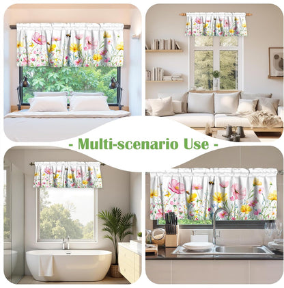 Spring Floral Window Valance for Kitchen 54"x18" Pink Yellow Wildflowers Flowers Bees Short Curtains Farmhouse Decorative Rod Pocket Window Valance for Living Room, Bedroom, Bathroom