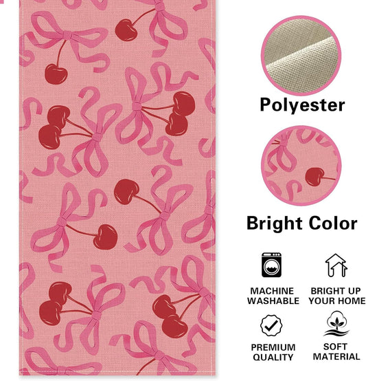 Coquette Pink Bow Cherry Dining Table Runner, Ribbon Fruit Preppy Burlap Kitchen Decoration, Girly Bowknot Indoor Outdoor Home Decor Party Supply 13 x 72 Inches