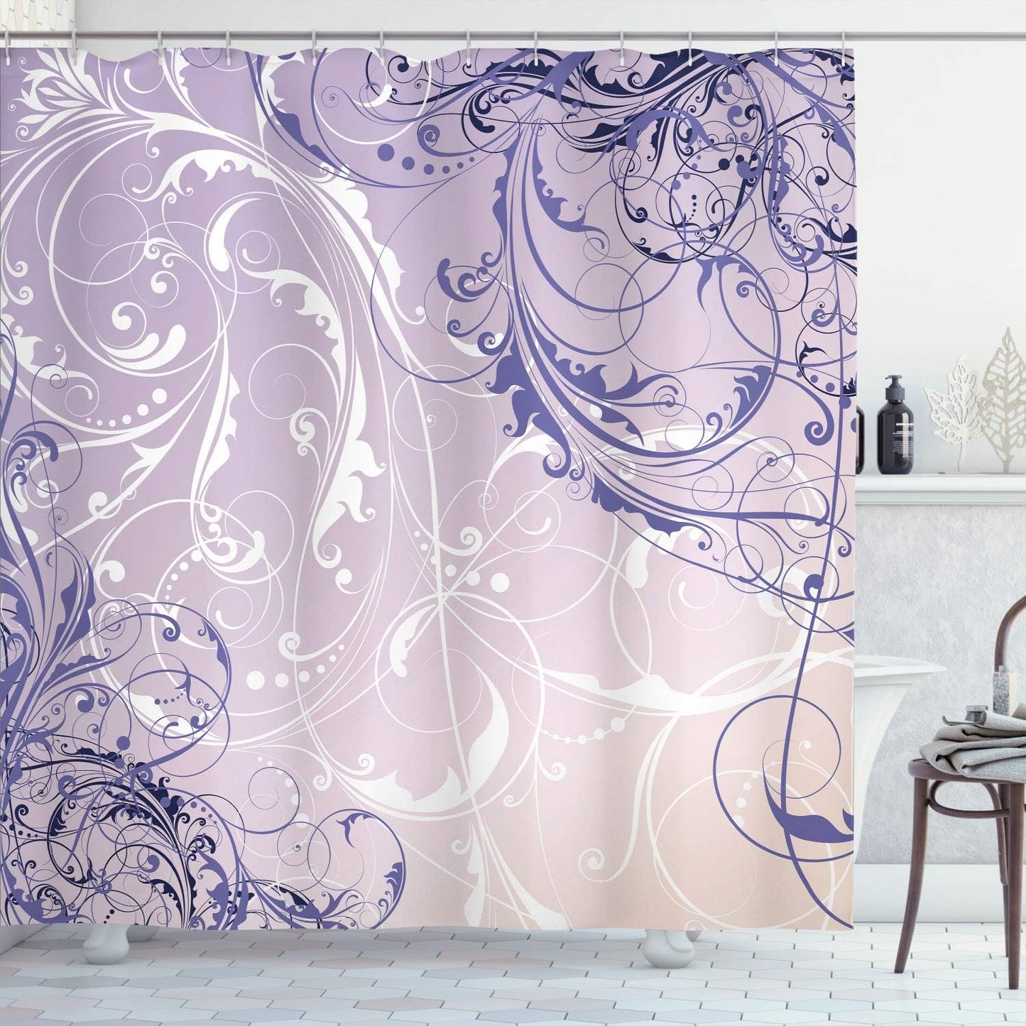 Ambesonne Floral Shower Curtain, Baroque Swirl Branches Curved Flower Leaves Shabby Form Nature Pattern, Cloth Fabric Bathroom Decor Set with Hooks, 69" W x 70" L, Pink Peach
