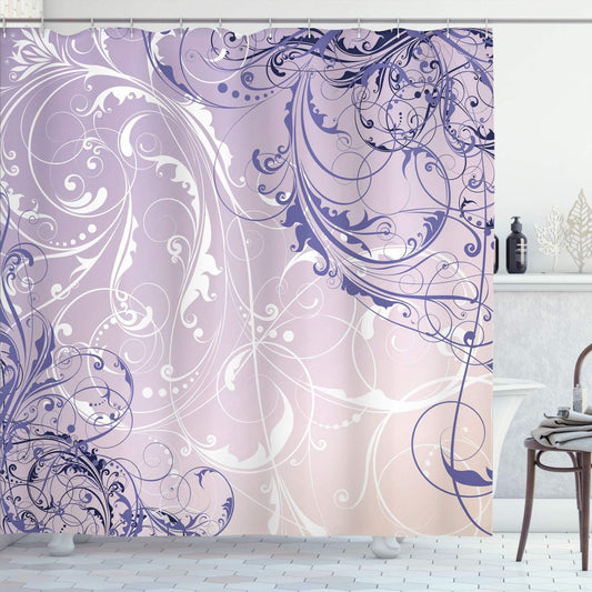 Ambesonne Floral Shower Curtain, Baroque Swirl Branches Curved Flower Leaves Shabby Form Nature Pattern, Cloth Fabric Bathroom Decor Set with Hooks, 69" W x 70" L, Pink Peach