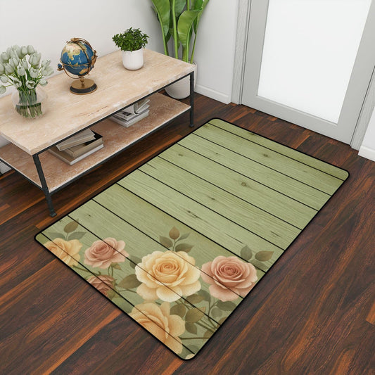 3x5 Area Rugs for Entryway Washable Rug for Bedroom Vintage Peach Pink Roses Floral Light Green Wooden Soft Rubber Backed Non-Slip Carpets for Living Room Kitchen
