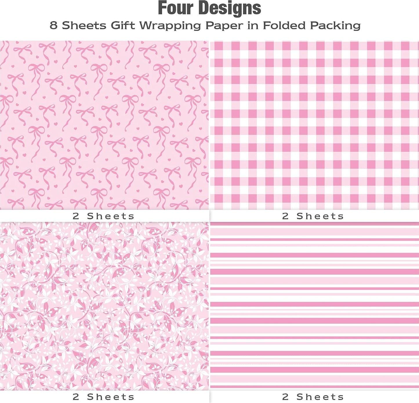 MotiGiftie Pink Wrapping Paper Sheet - 8 Sheets Folded Flat Gift Wrap with Cute Ribbon Bow, Pink Plaid, Stripes and Leaves Design for Girl Baby Shower, Birthday, Wedding - 20 X 28 Inch Per Sheet