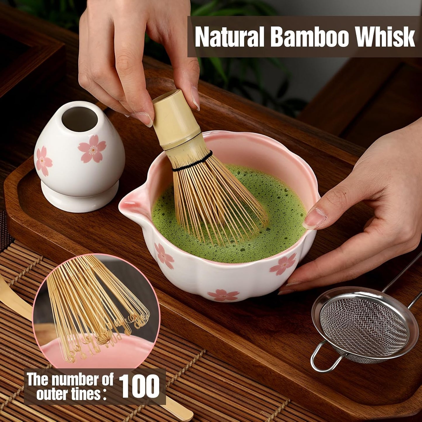 Vesici Matcha Whisk Set with Pink Sakura Bowl, Bamboo Whisk, Spoon, Chasen Holder, Stainless Steel Sifter, 5 Pcs Kit for Matcha Lovers Gift for Christmas, Birthday