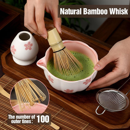 Vesici Matcha Whisk Set with Pink Sakura Bowl, Bamboo Whisk, Spoon, Chasen Holder, Stainless Steel Sifter, 5 Pcs Kit for Matcha Lovers Gift for Christmas, Birthday