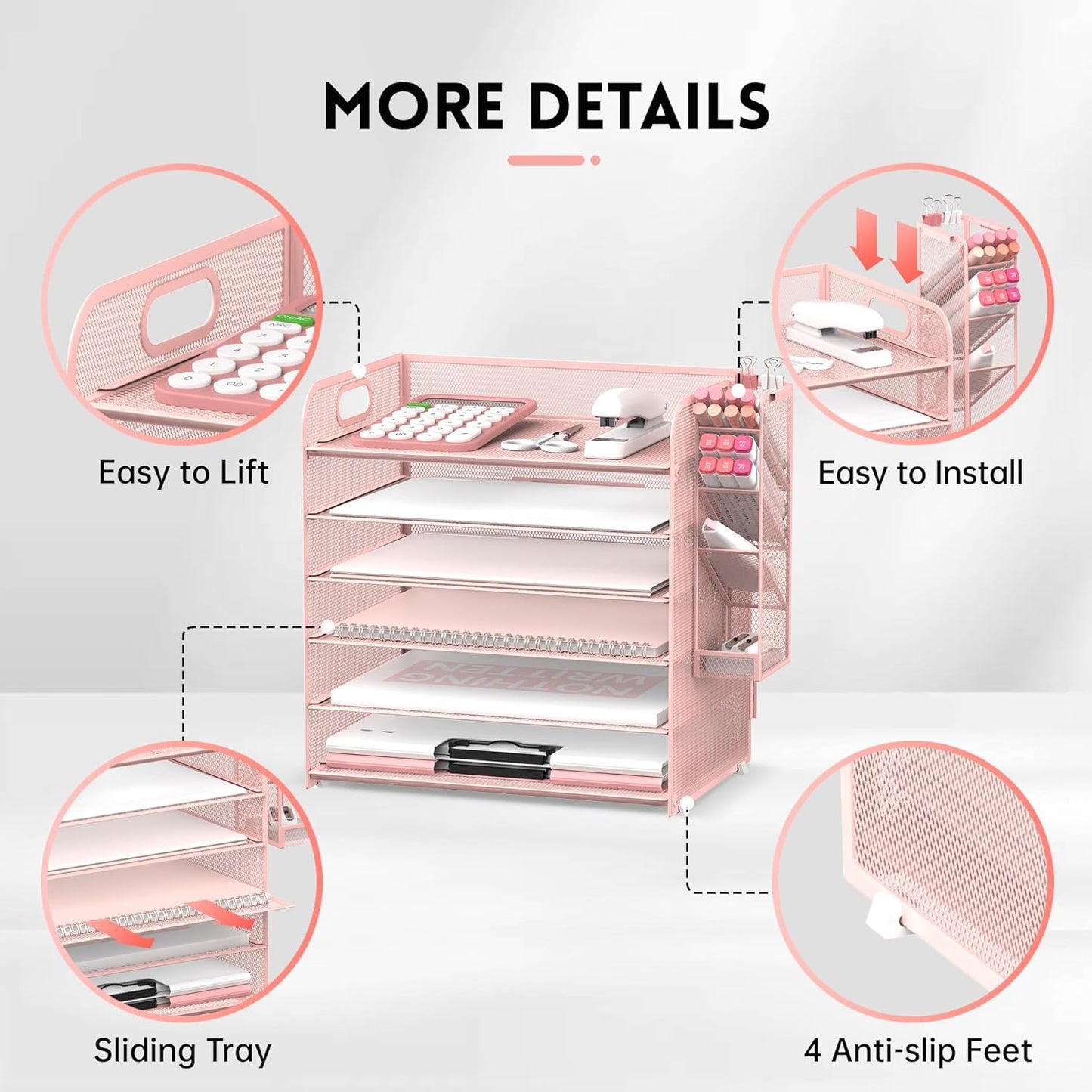SUPEASY 6 Tier Desk Organizer with 4 Pen Holders, Mesh Paper Organizer Letter Tray with Handle, Desk Organizer Tray File Organizer for A4 File Folder, Rose Pink