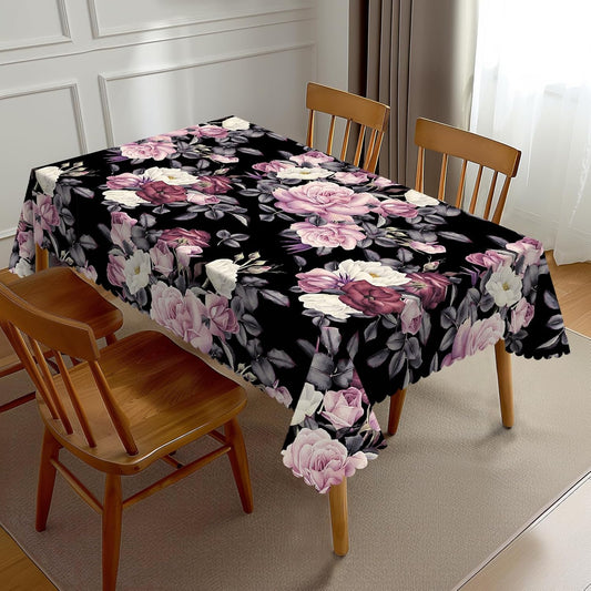 Vintage Floral Tablecloth Watercolor Pink Rose Peony Flower Blossom Black Table Cloth Rectangle Table Cover Kitchen Decorations for Home Dinner Party 54 x 72 Inch