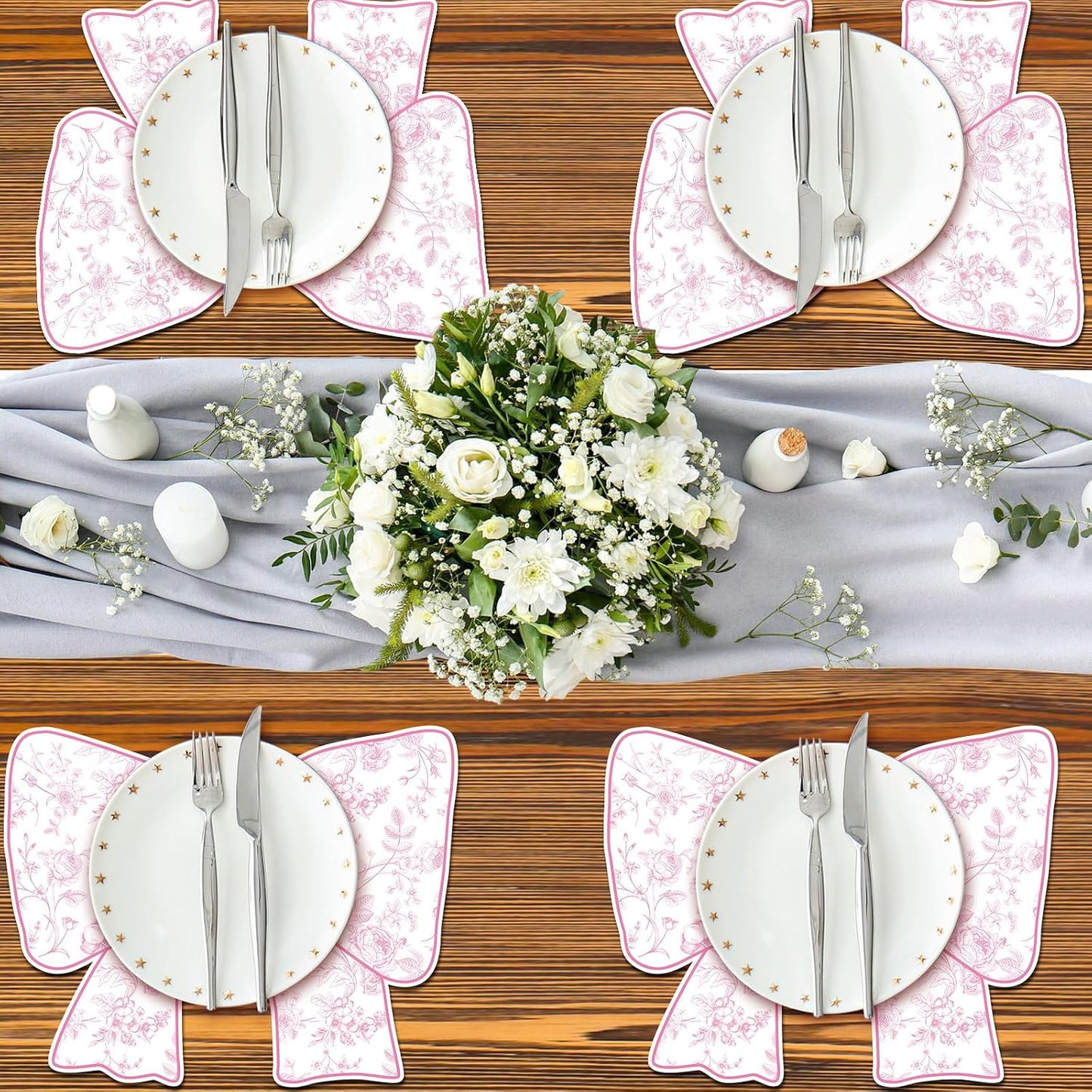 Tinlade 50 Pcs Disposable Pink Bow Placemats Christmas 8.94 x 13.78 Inches Coquette Bow Table Mats Decorative Paper Placemats for Birthday Bridal Wedding Coquette Party Table Decoration