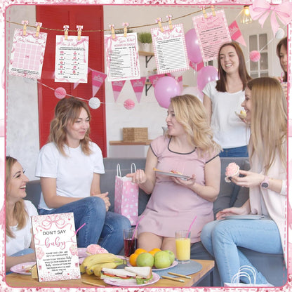 Patelai 321 Pcs Pink Bow Baby Shower Decorations Set 5 Games Include Pink Ribbon Baby Shower Bingo Word Scramble Description The Price Guess Don't Say The Word Sign for Coquette Bow Game Party Decor