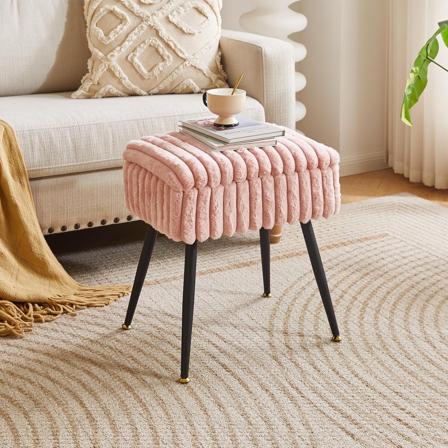 Aibiju Vanity Stool Chair, Foot Stools Ottoman, Faux Fur Vanity Chair with Black Legs, Vanity Stool for Makeup, Make up Chairs for Vanity, Vanity Small Bench Seat Storage Pink YD-MS151P