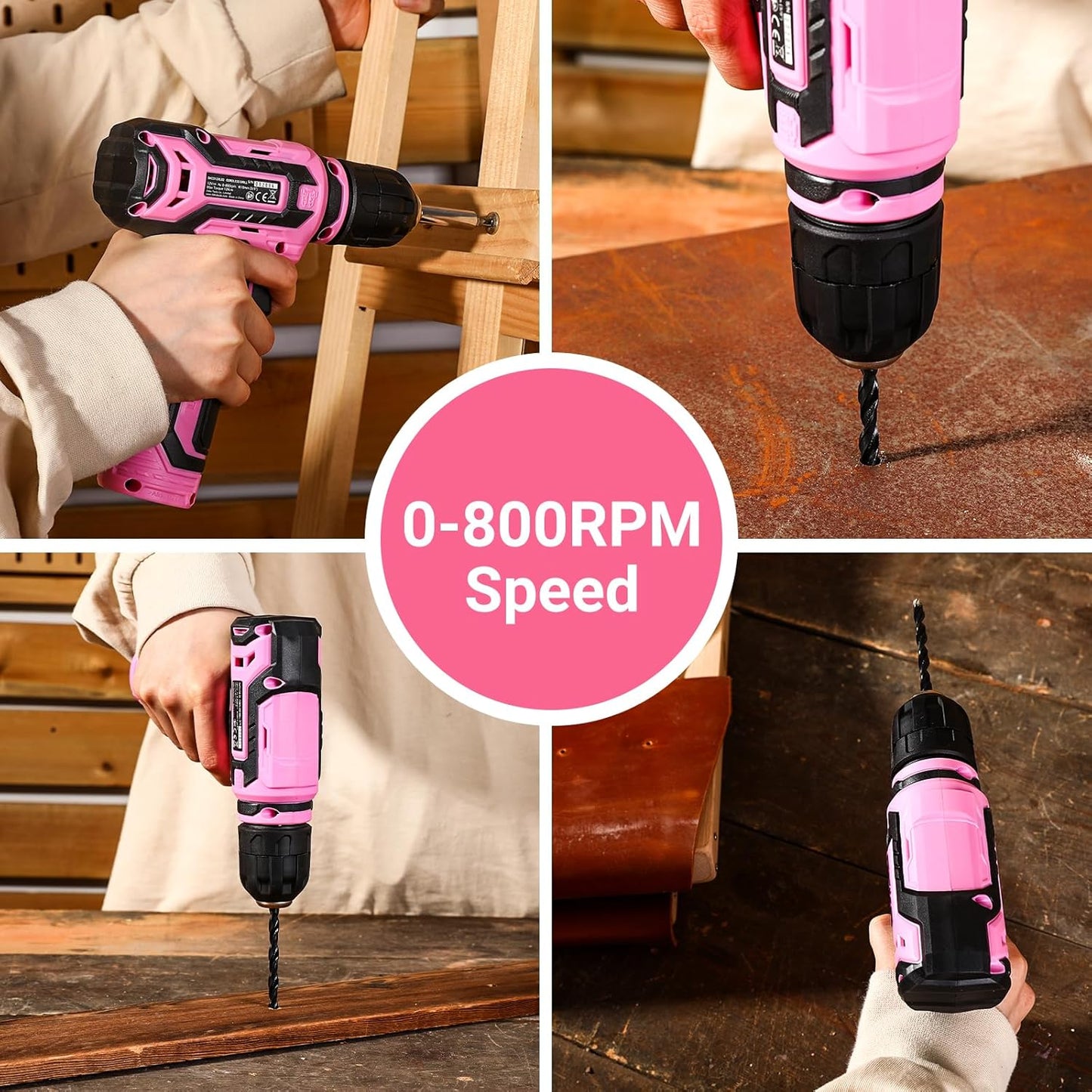 Cordless Drill：DEKOPRO 12V Power Drill Set with Pink 800RPM Electric Drills with Tool Set Gift Box, Pink Drill Set for Women