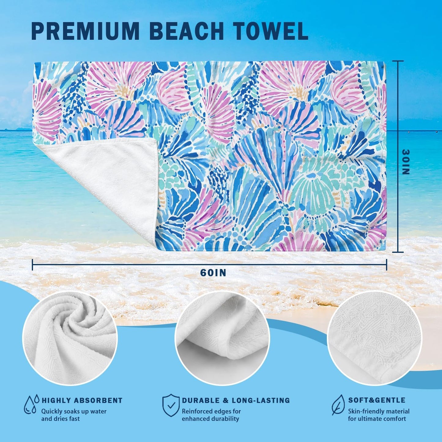 Blue and Pink Preppy Beach Towel 30x60 Inch, Watercolor Pastel Coastal Seashell Oversized Bath Towel Blanket for Bathroom Travel Swimming Pool Spa Yoga Camping