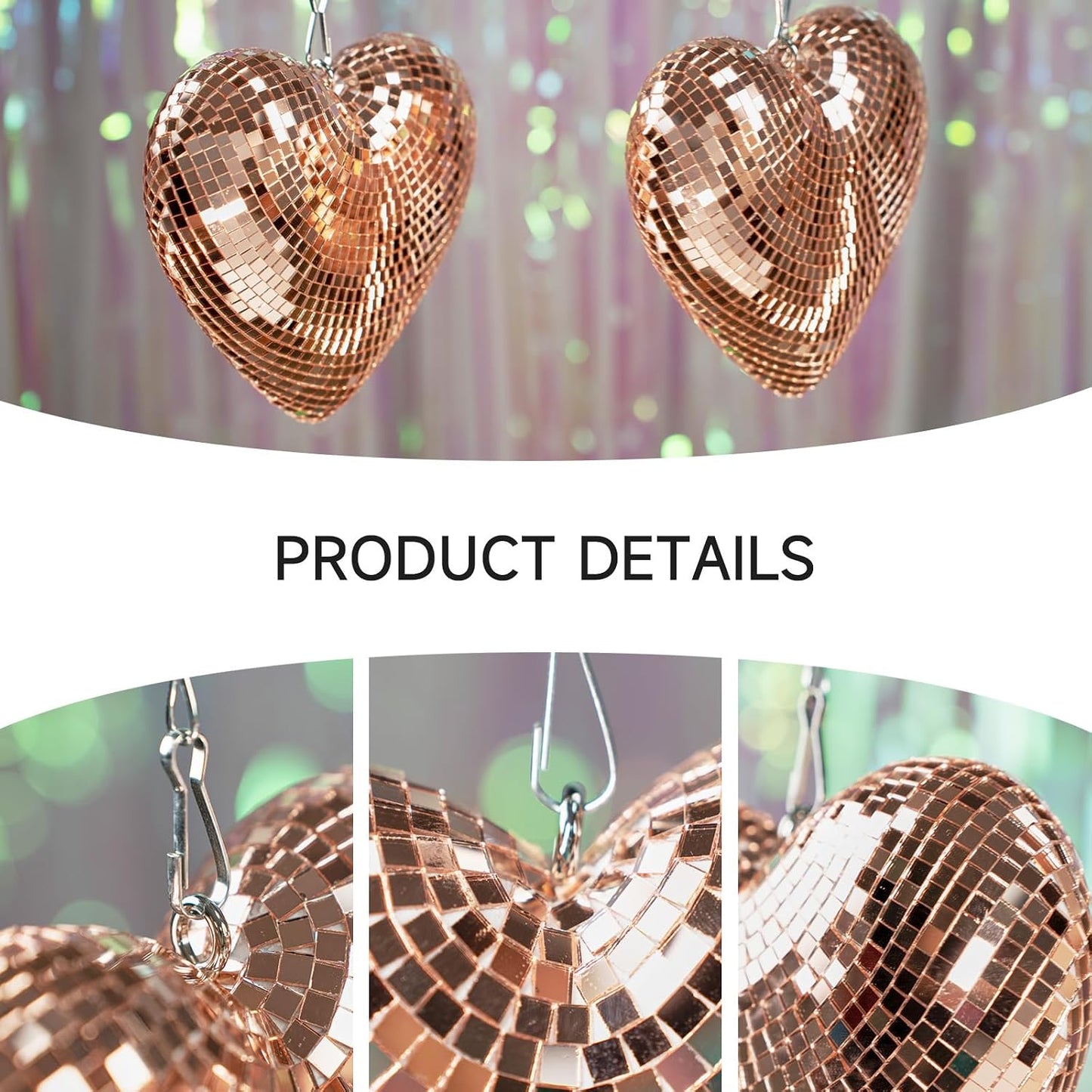 6“ Heart Shaped Disco Ball - 2 Pack Rose Gold Mirror Disco Balls with 20" Chains for Valentines Day Gift Party, Reflective Hanging Disco Decor Retro Decor for Cafe, Desk, Room, Home, Bar