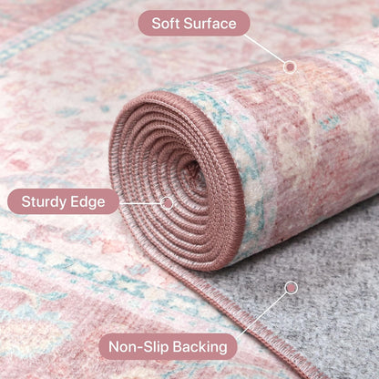 Pink Area Rug 4X6 Washable Rugs for Bedroom Girls Floral with Non Slip Backing, Low Pile Carpet for Entryway, Kitchen or Living Room, Light Pink Blue