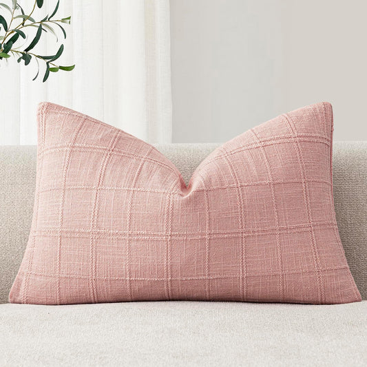 Foindtower Set of 1 Decorative Linen Check Throw Pillow Cover Neutral Farmhouse Lumbar Cushion Cover Modern Coastal Boho Accent Home Decor for Sofa Chair Couch Bed Living Room,12×20 Inch,Light Pink