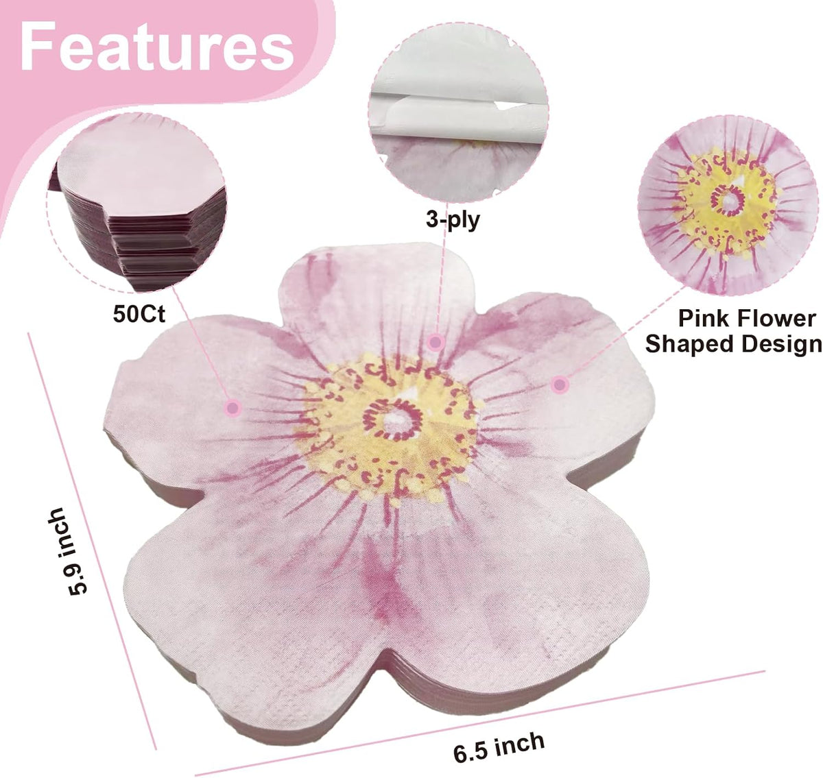 50ct 3-Ply Pink Wedding Paper Napkins – Pink Flower Shaped Party Napkins Perfect for Birthday, Bridal Shower, Bachelorette,Wedding, or Party Decorations, Disposable Cocktail Napkins