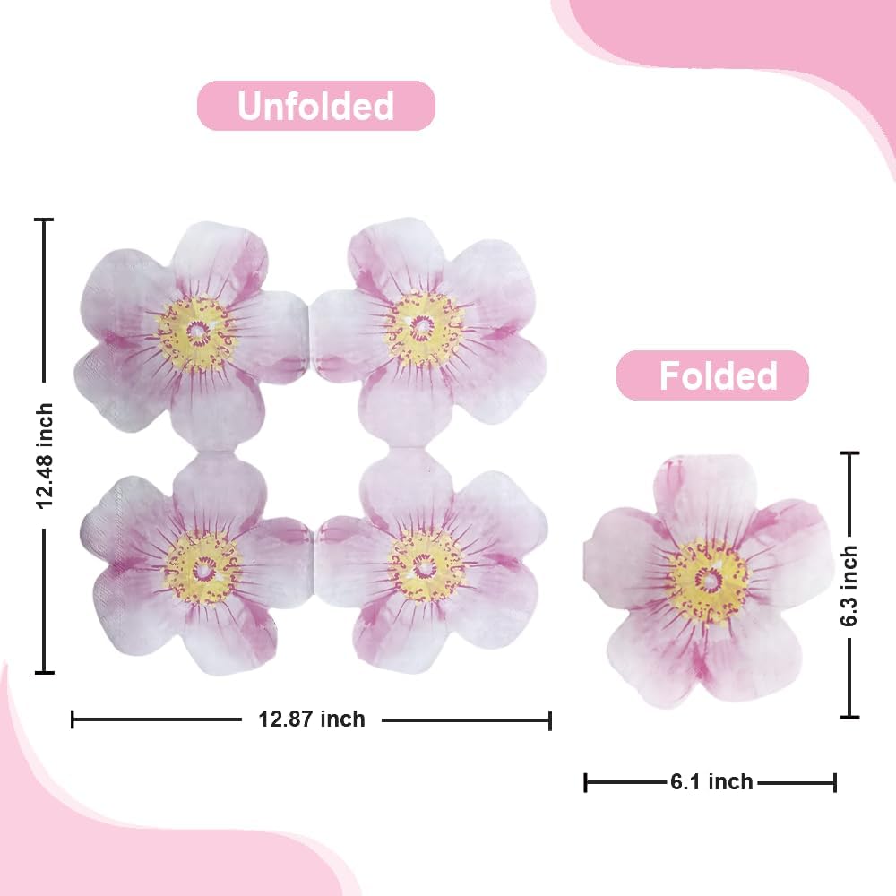 50ct 3-Ply Pink Wedding Paper Napkins – Pink Flower Shaped Party Napkins Perfect for Birthday, Bridal Shower, Bachelorette,Wedding, or Party Decorations, Disposable Cocktail Napkins