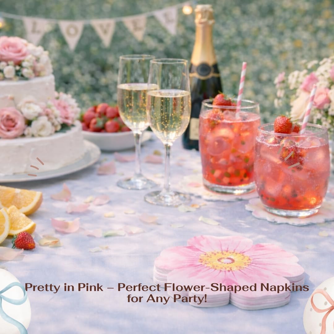 50ct 3-Ply Pink Wedding Paper Napkins – Pink Flower Shaped Party Napkins Perfect for Birthday, Bridal Shower, Bachelorette,Wedding, or Party Decorations, Disposable Cocktail Napkins