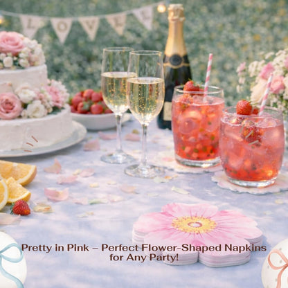50ct 3-Ply Pink Wedding Paper Napkins – Pink Flower Shaped Party Napkins Perfect for Birthday, Bridal Shower, Bachelorette,Wedding, or Party Decorations, Disposable Cocktail Napkins