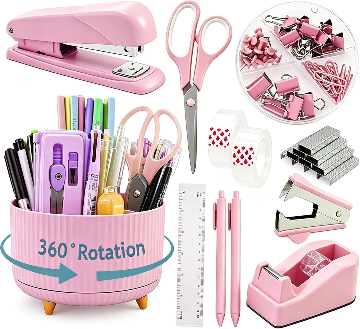 Pink Desk Organizers and Accessories with Desk Organizer 360° Rotating Pen Holder and Office Supplies, Cute Stationery Supplies Set