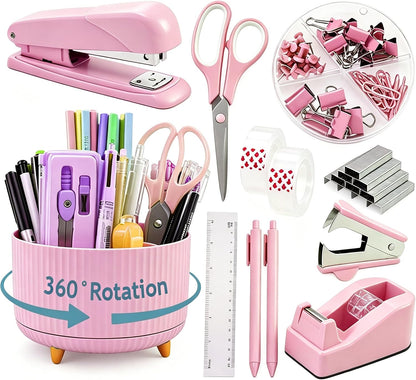 Pink Desk Organizers and Accessories with Desk Organizer 360° Rotating Pen Holder and Office Supplies, Cute Stationery Supplies Set