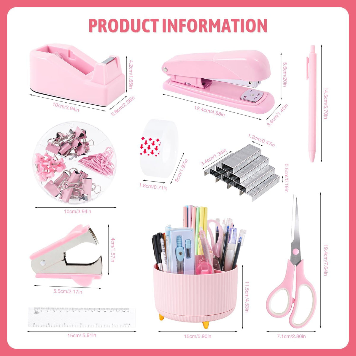 Pink Desk Organizers and Accessories with Desk Organizer 360° Rotating Pen Holder and Office Supplies, Cute Stationery Supplies Set